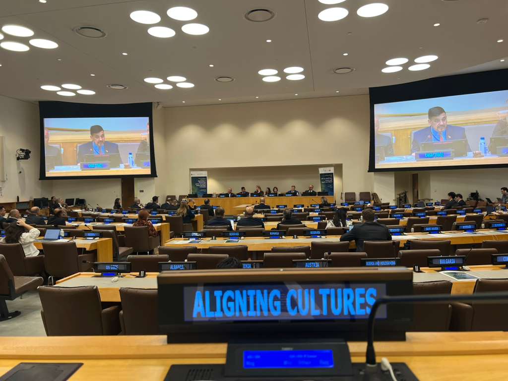 United Nations conference room with Aligning Cultures nameplate